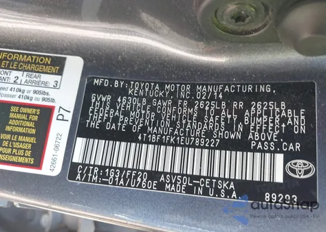 2014 Toyota Camry Se from USA, damaged, VIN 4T1BF1FK1EU789227